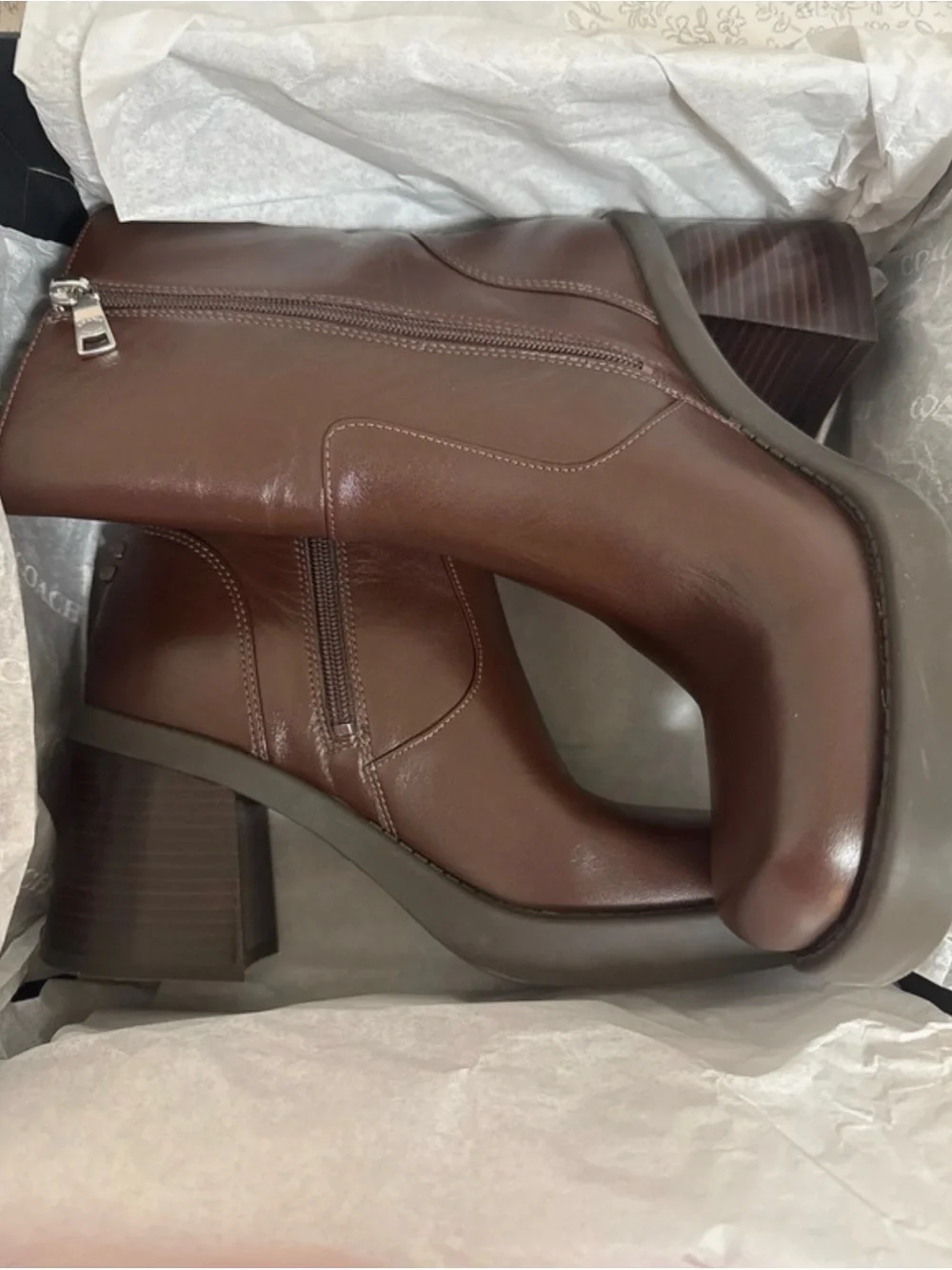 Coach Chocolate Brown Leather Block Heel Ankle Boots